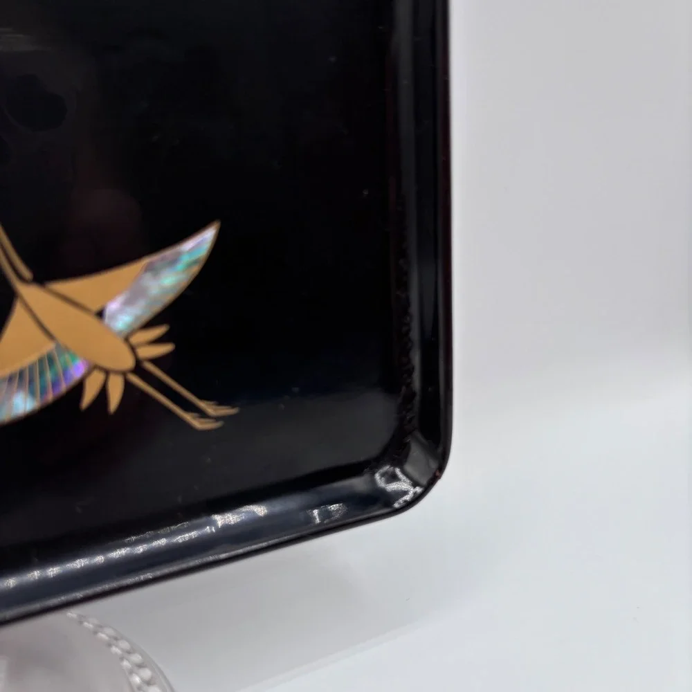 Zohiko Black‎ Lacquer Tray Gold Crane Japanese Mother of Pearl Inlay 6.75x4.5